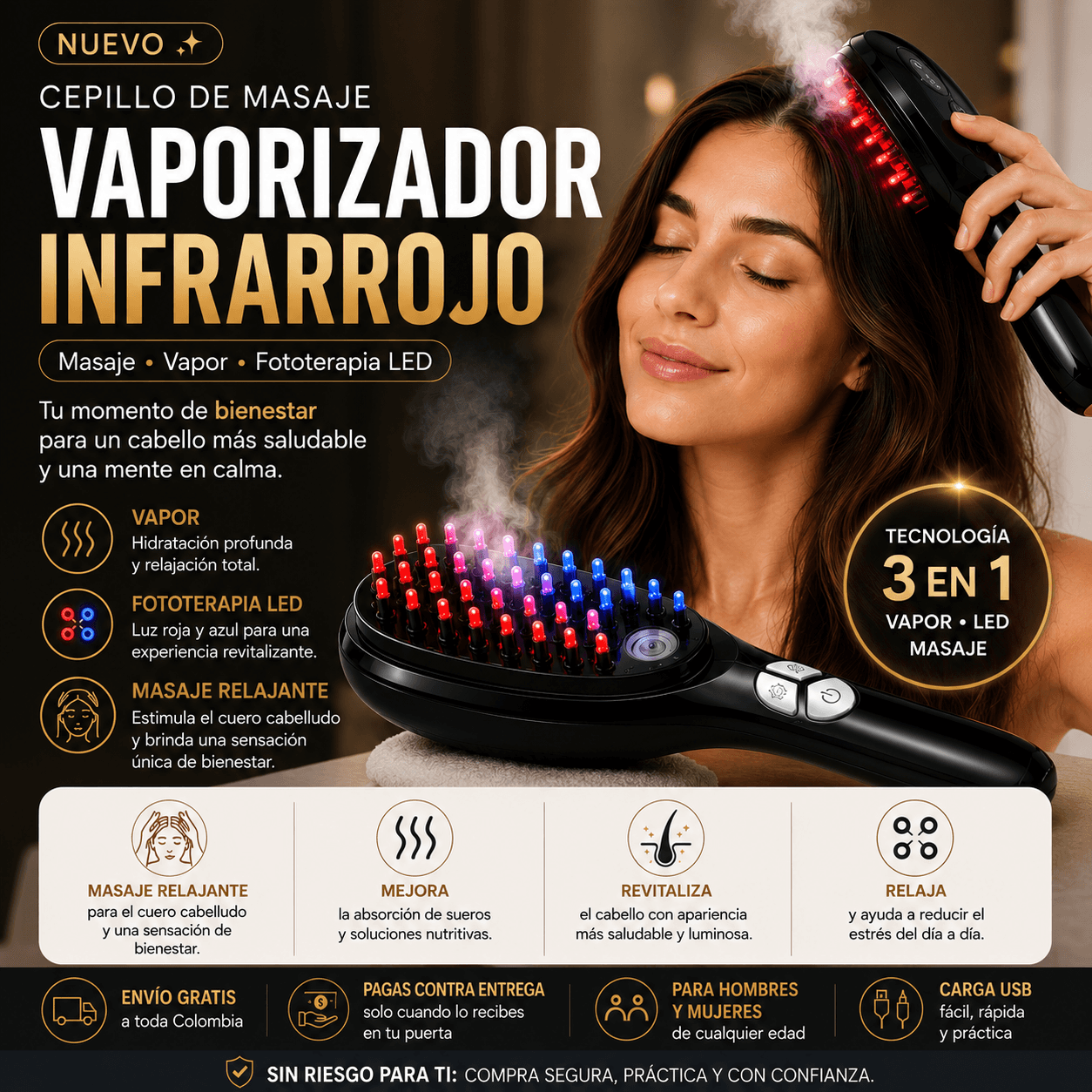Cepillo Masajeador Capilar Eléctrico con Vapor - Cepillo Capilar con Vapor y Luz LED | Luz Roja y Azul | Recargable | Hombres y Mujeres | Fototerapia + Vibración 10,000rpm |