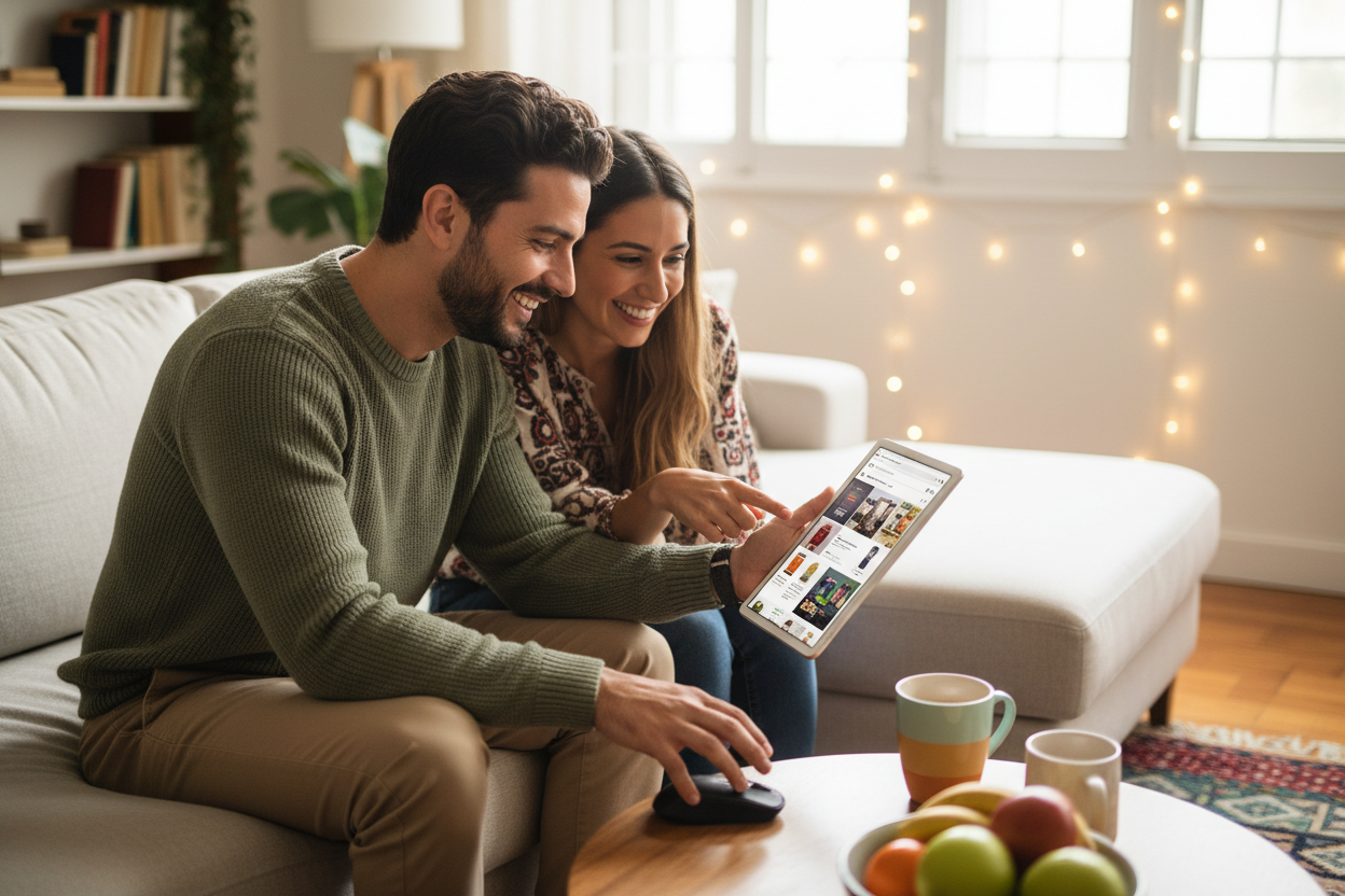 gere uma imagem de um casal latino fazendo uma compra em uma loja online